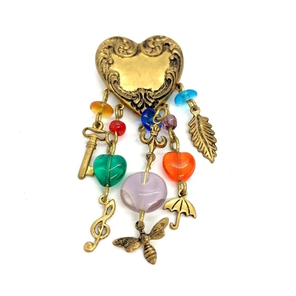 3/$30 VINTAGE HEART BROOCH PIN CHARMS KEY TREBLE CLEF BUMBLE BEE UMBRELLA LEAF - Picture 1 of 11